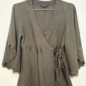 Nanette Lepore Olive Wrap blouse with Fringe Detail